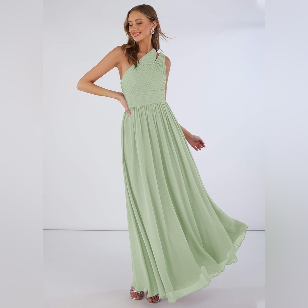 Azazie Molly A-Line One Shoulder Chiffon Floor-Length Dress Dusty Sage